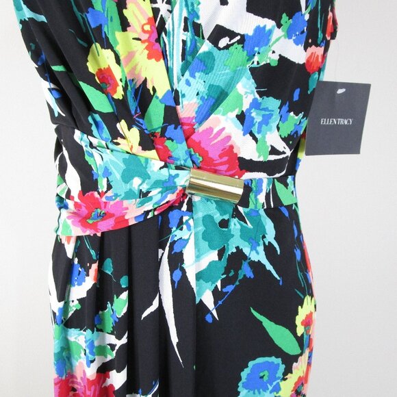 Ellen Tracy Womens Bright Multi-Color Floral Faux Wrap Sheath Dress Size 10 - Picture 5 of 11
